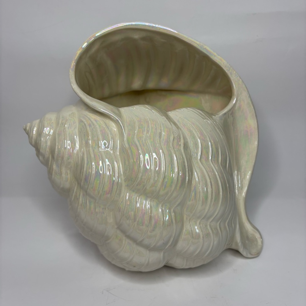 Vintage 80s Conch Sea Shell Tissue Box Cover Ceramic Pottery Iridescent Signed